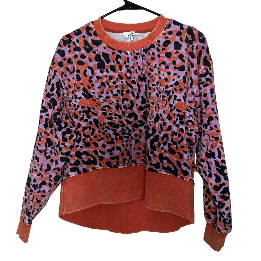 JoyLab Womens Leopard Print Crewneck Top Orange Purple Acid Wash Distress‎ M